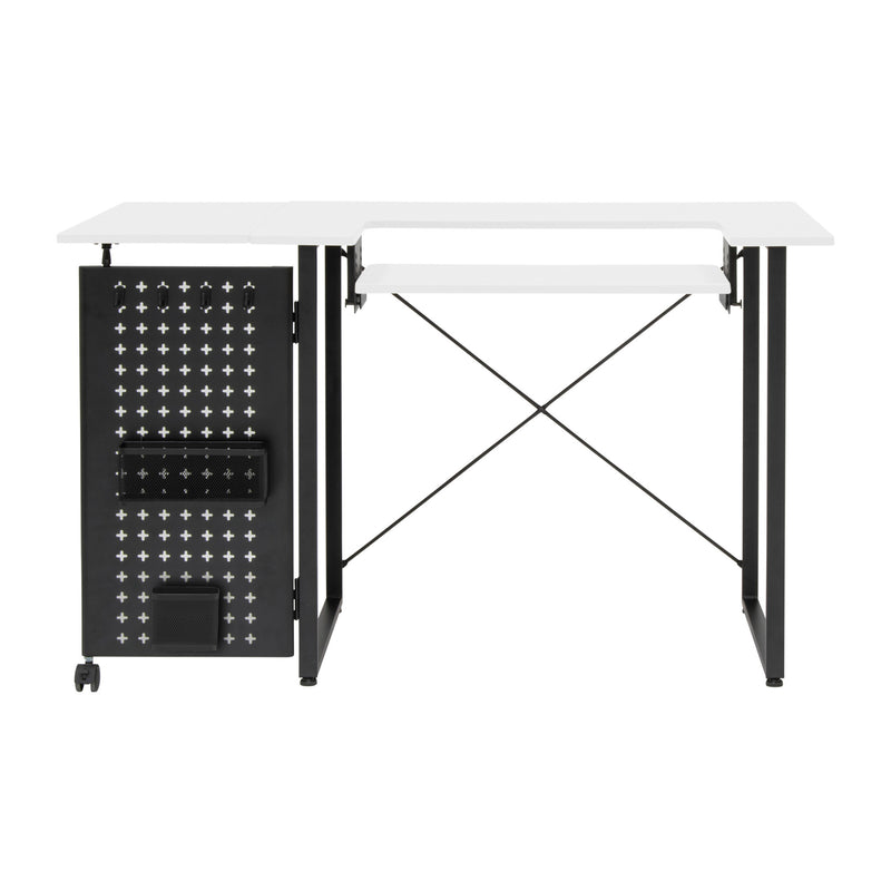 Smart Sewing Table with Fold-Out Storage Panel in Black and White.