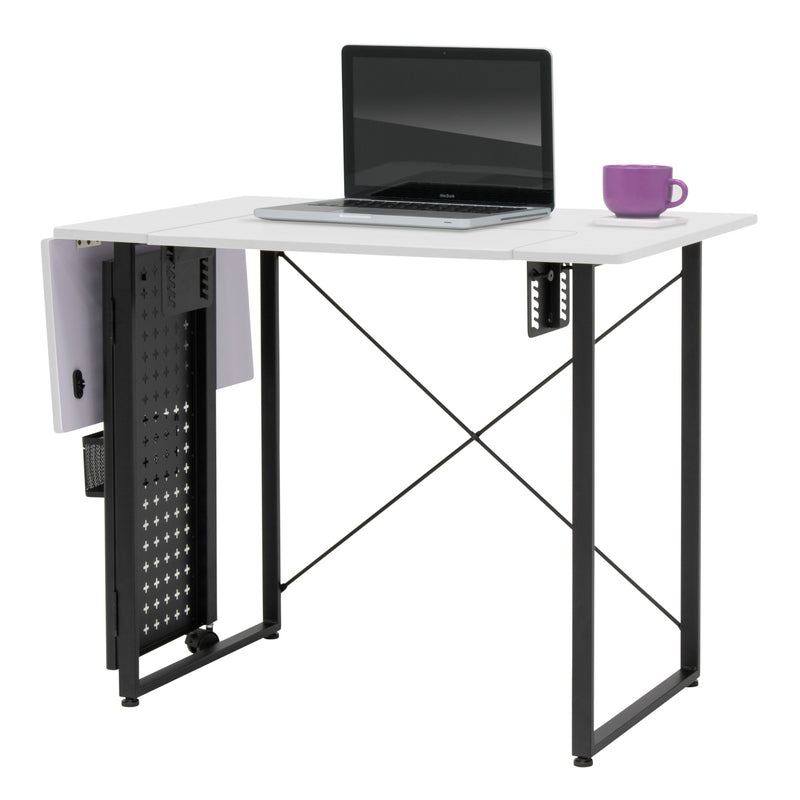 Smart Sewing Table with Fold-Out Storage Panel in Black and White.