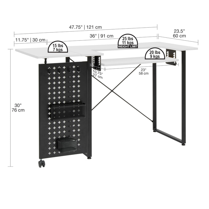 Smart Sewing Table with Fold-Out Storage Panel in Black and White.